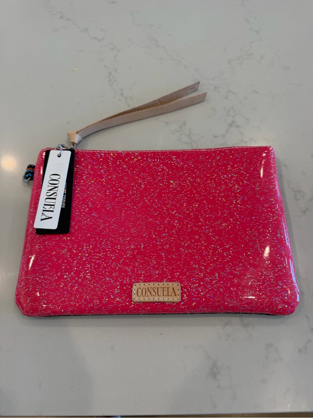 Consuela Hot Pink and black Glitter Wristlet Clutch Pouch with Neutral Strap